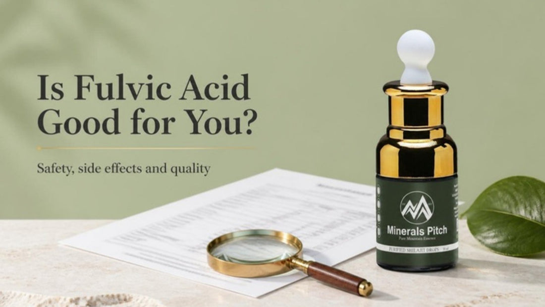 Is fulvic acid good for you - Minerals Pitch Shilajit drops beside a lab report and magnifying glass