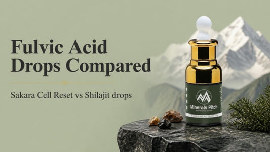 Fulvic acid drops compared - Minerals Pitch Himalayan Shilajit drops on mountain stone