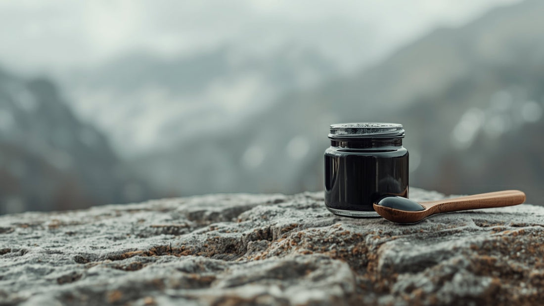 Jar of dark Himalayan Shilajit resin with a wooden spoon on a mountain stone