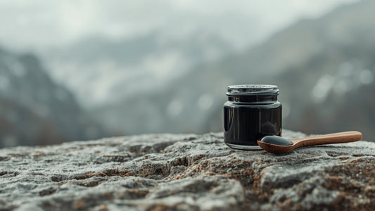 Jar of dark Himalayan Shilajit resin with a wooden spoon on a mountain stone