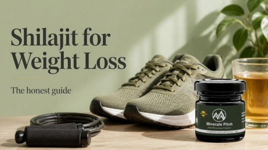 Shilajit for weight loss - Minerals Pitch Shilajit resin jar with running shoes, skipping rope and tea
