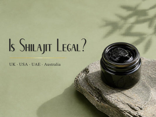 Is Shilajit Legal? UK, USA, UAE and Australia, with a jar of Shilajit resin on a stone