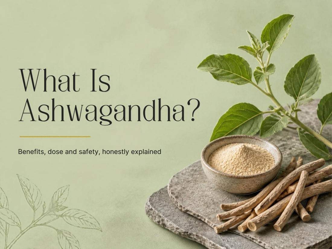 What Is Ashwagandha? Dried ashwagandha roots, root powder and leaves on a stone