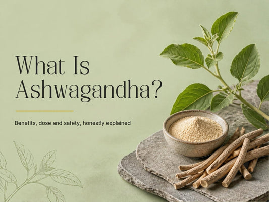 What Is Ashwagandha? Dried ashwagandha roots, root powder and leaves on a stone