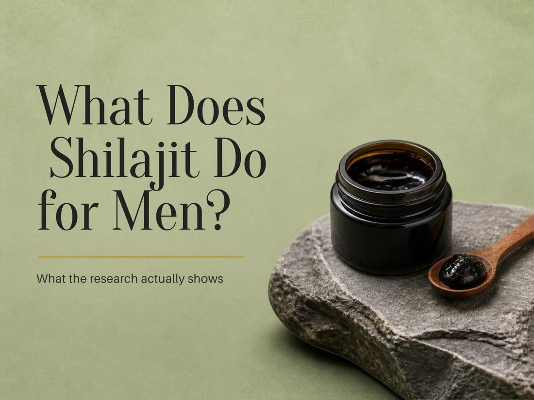 What Does Shilajit Do for Men? A jar of Shilajit resin with a wooden spoon on a stone