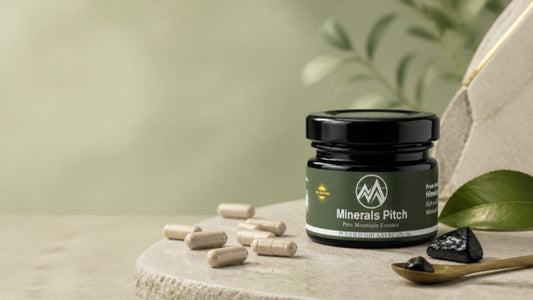 Minerals Pitch Himalayan Shilajit resin jar beside raw resin and loose capsules on a stone surface