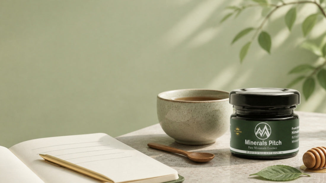 Minerals Pitch Himalayan Shilajit resin jar with a cup of tea and a notebook for tracking a daily routine