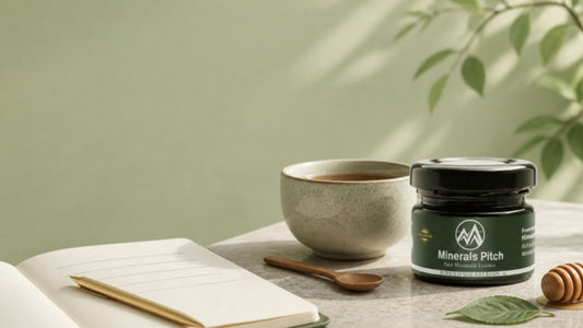 Minerals Pitch Himalayan Shilajit resin jar with a cup of tea and a notebook for tracking a daily routine