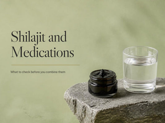 Shilajit and Medications: a jar of Shilajit resin beside a glass of water on a stone