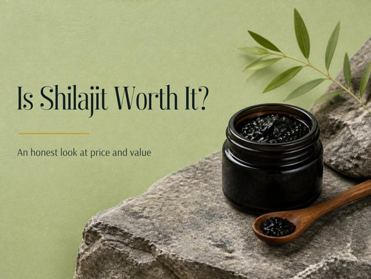 Jar of Himalayan Shilajit resin with a wooden spoon on natural stone